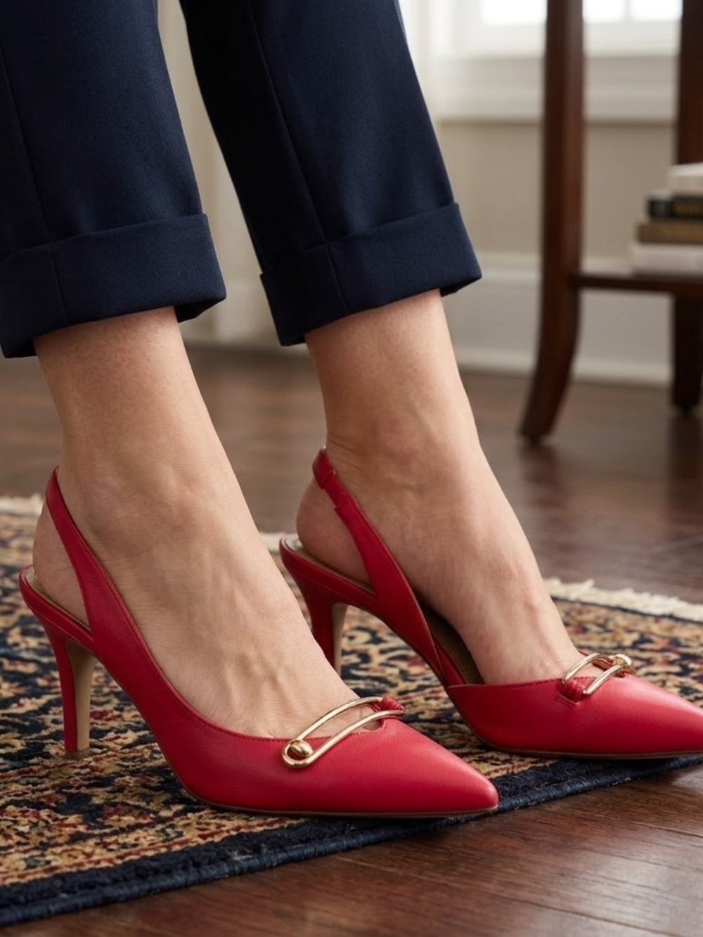 Tahari Red Pointed Slingback Pumps with Gold Hardware size 6